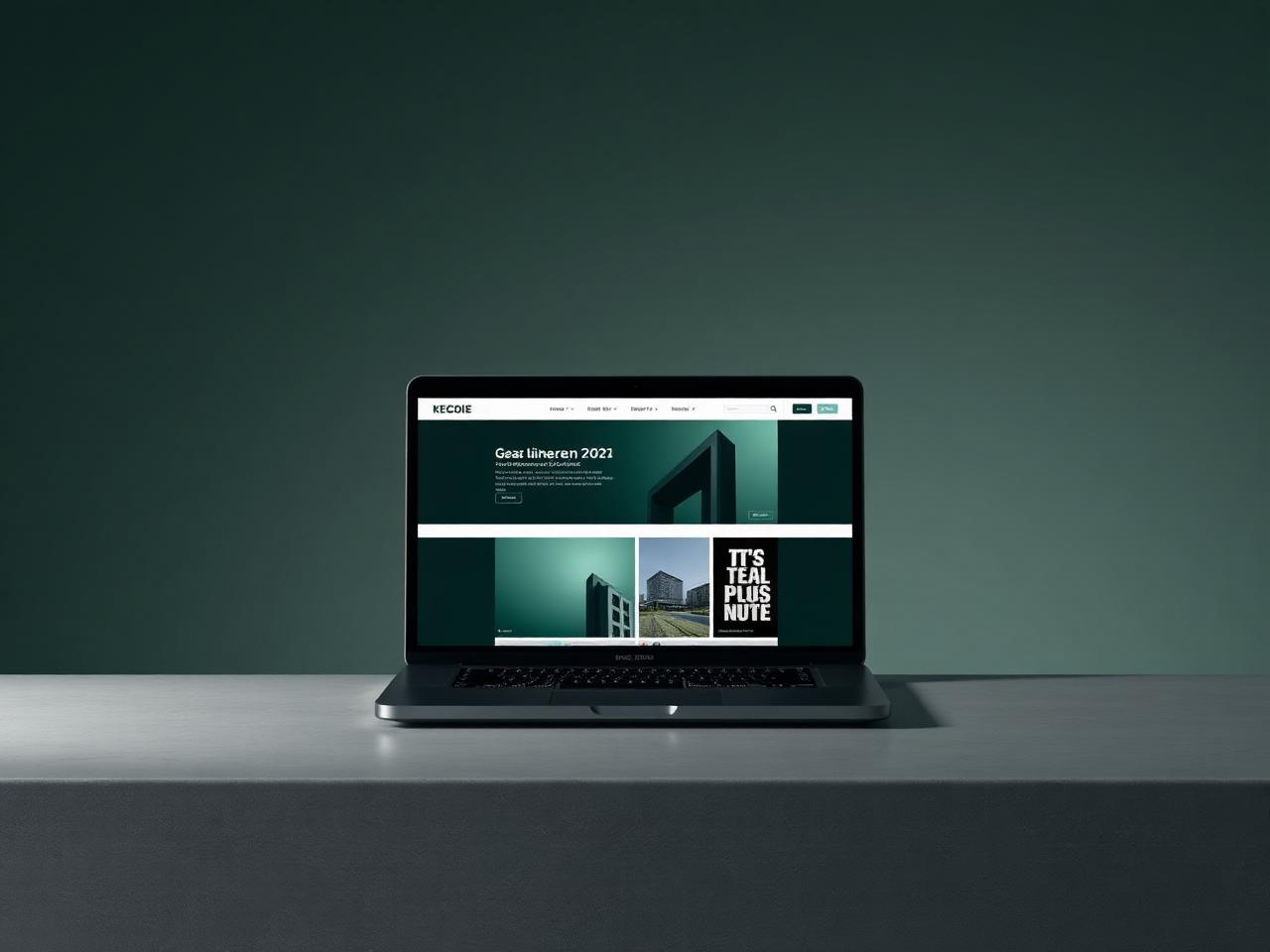 Laptop on a concrete desk showing the Halden Studio architecture website in a dark green layout