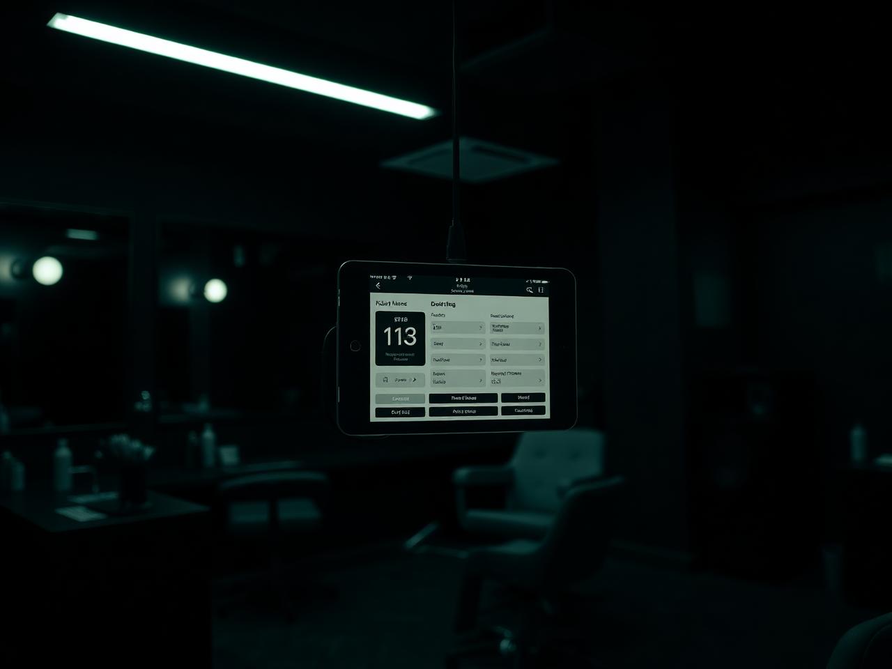 Tablet mounted in a dark barber studio showing the North Lane Barbers booking screen